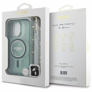 Guess IML Glitter With Pearl Strap MagSafe ümbris jaoks iPhone 16 Pro Max - roheline