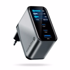 everActive GaN 67W – 67 W GaN-võrgulaadija 1× USB-A ja 2× USB-C pesaga, Quick Charge 4+, must