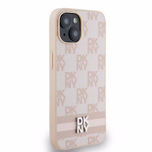 DKNY Leather Checkered Mono Pattern & Printed Stripes ümbris jaoks iPhone 15 / 14 / 13 - roosa
