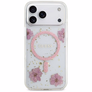 Guess Resin Flowers Glitter MagSafe ümbris jaoks iPhone 17 Pro Max roosa
