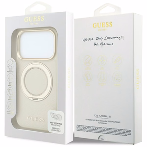 Guess Grained Classic Logo ümbris seadmele iPhone 18 Pro / 17 Pro, 360° rõngastoega, MagSafe-ühilduv – beež