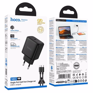 GaN зарядное устройство для телефона Hoco USB C PD AVS 40W max 60W с кабелем USB C на USB C N83 черное