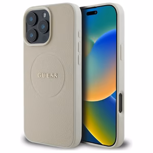 Guess Grained Kuldne Ring MagSafe Ümbris jaoks iPhone 16 Pro Max - Beige
