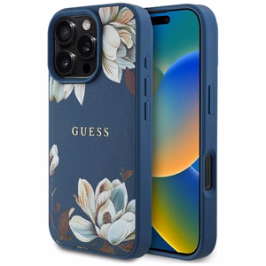 Guess Grained Printed Flower Pattern MagSafe ümbris jaoks iPhone 16 Pro sinine