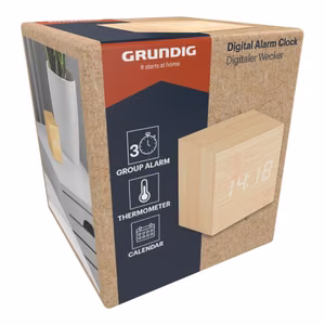 Grundig - Digital LED Alarm Clock with Thermometer and Calendar (Light Brown)