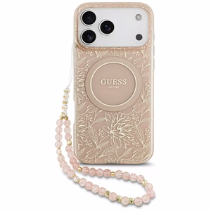 Guess IML Flowers Electro Pearl Strap MagSafe Ümbris jaoks iPhone 17 Pro Max - Roosa