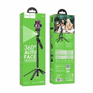 Selfie kepp-statiiv Hoco tripod juhtmevaba puldiga pöörlev 360 kraadi automaatse näojälgimisega K32 must