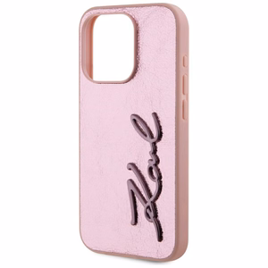 Karl Lagerfeld Wrinkled Metal Signature iPhone 15 Pro Max Ümbris - Roosa