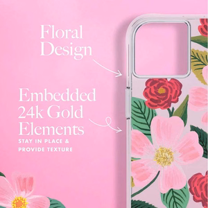Rifle Paper Clear ümbris seadmele iPhone 14 Plus, kuldset tooni kaunistusega, Rose Garden mustriga