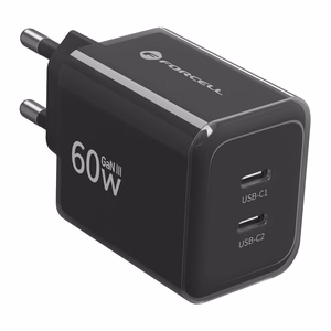 Forcell F-Energy GaN III Crystal Color VT-60 telefonilaadija, 2 × USB-C, AVS, SSFC3.0, 60 W, USB-C–USB-C silikoonkaabliga, must