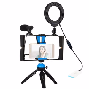 Blogimise nutitelefoni videosüsteem (LED rõngasvalgus, statiivi kinnitus, telefonihoidja, mikrofon)