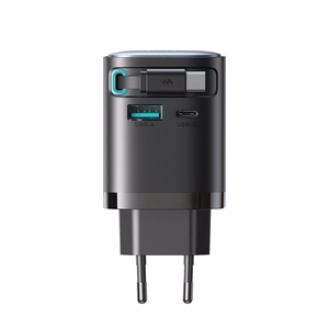 Joyroom JR-TCL02 65W USB-A USB-C GaN laadija koos built-in USB-C kaabel - must