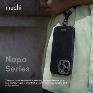 Moshi Napa MagSafe kvaliteetsest vegannahast ümbris seadmele iPhone 15 Pro, Eggnog White värvitoonis