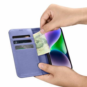iCarer rahakoti ümbris 2in1 Cover iPhone 14 Plus Anti-RFID nahast klappümbriline ümbris helelilla (WMI14220727-LP)