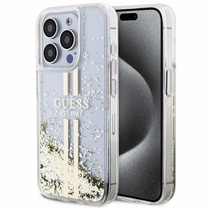 GUESS ümbris jaoks IPHONE 15 Pro GUHCP15LLFCSEGT (Liquid Glitter kuldne Stripes) läbipaistev