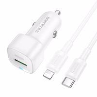 Borofone autolaadija BZ34B Cloud - USB + Type C - QC 3.0 PD 38W koos Type C - Lightning kaabliga valge