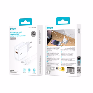 BWOO seina laadija CDA182 QC 38W 1x USB-A + 1x USB-C koos USB-C C-Lightning kaabliga 1 m must