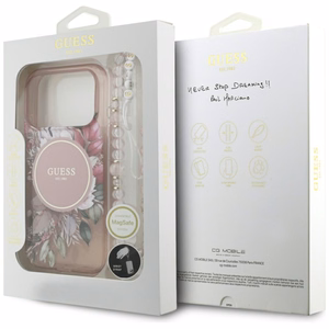 Guess IML Flowers Pearl Strap MagSafe Ümbris jaoks iPhone 17 Pro - Roosa