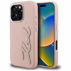 Karl Lagerfeld FW Grained Signature Logo Ümbris iPhone 16 Pro Max - roosa