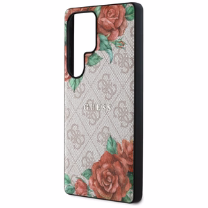 Guess Leather 4G Flowers Print Metal Classic Logo MagSafe Ümbris jaoks Samsung Galaxy S25 Ultra - roosa