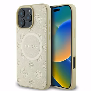 Guess Saffiano Peony Classic Logo MagSafe ümbris jaoks iPhone 16 Pro - kuldne