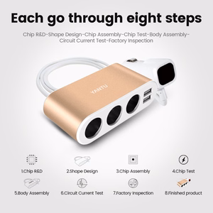 Auto Cigarette Lighter Pesa Splitter B08 - 3 sockets + 2xUSB - 3,1A 120W koos ekraan and kaabel kuldne
