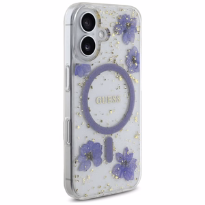 Guess Resin Flowers Glitter MagSafe ümbris jaoks iPhone 16 - lilla