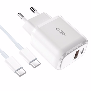 Tech-Protect C20W USB-C PD 20W / USB-A QC 3.0 laadija koos USB-C / USB-C kaabel - valge