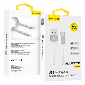 Blavec kaabel Raptor punutud - USB Type C - PD 66W 6A 1 meeter Apple CarPlay/Android Auto (CRA-UC6WS10) valge-hõbedane