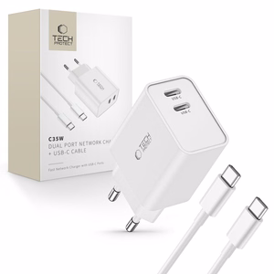 Tech-Protect C35W 2x USB-C PD 35W laadija koos USB-C / USB-C kaabel - valge