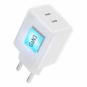 Telefonilaadija Forcell F-Energy GaN III Crystal Color, 2x USB C, AVS, SSFC3.0, 60W + silikoonkaabel USB C–USB C VT-60, valge