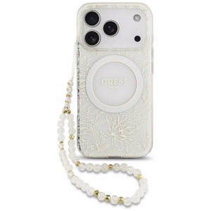 Guess IML Flowers Allover Electroplated MagSafe ümbris pärlipaelaga mudelile iPhone 18 Pro / 17 Pro – värv: valge