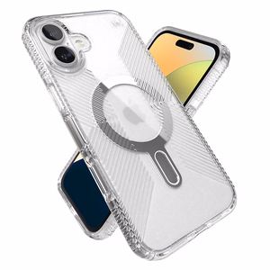 Speck Presidio Perfect-Clear Grip ClickLock & MagSafe ümbris seadmele iPhone 16 Plus, läbipaistev / kroomviimistlus / Serene Silver