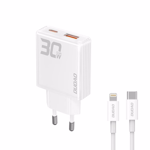 GaN Dudao A30EUL 30W USB-A / USB-C Wall Laadija + USB-C - Lightning Kaabel - valge
