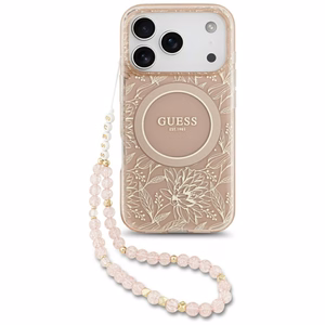 Guess IML Flowers Electro Pearl Strap MagSafe чехол для iPhone 17 Pro - розовый