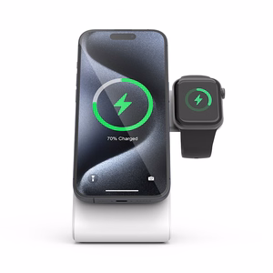 Crong MagSpot Pivot Stand kolm-ühes juhtmevaba laadija iPhone'ile, Apple Watchile ja AirPodsidele, MagSafe'iga ühilduv, valge