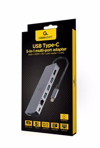 Gembird A-CM-COMBO5-05 USB Type-C 5-in-1 mitmepordine adapter (jaotur + HDMI + PD + kaardilugeja + LAN)