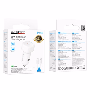 Borofone autolaadija BZ34A Cloud - Type C - PD 20W koos C-tüüpi C-tüüpi valge laadijaga