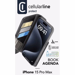 Cellularline Book Agenda ümbris seadmele iPhone 15 Pro Max, antimikroobse Microban-kattega, must