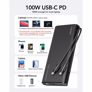 Powerbank Veger TCE130 (W2503) PD 130W 25000 mAh with built-in Type C cables / Lightning black