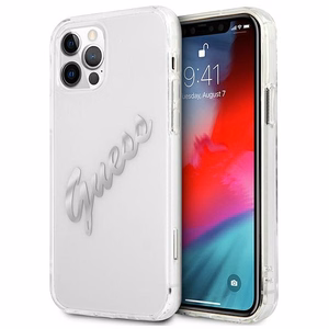 Guess GUHCP12MKTRSVSI iPhone 12/12 Pro 6.1" Läbipaistev kõvakaane Vintage Script Silver