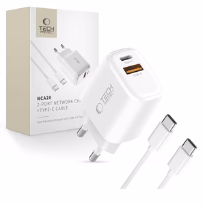 Tech-Protect NCA20 PD 20W QC3.0 USB-A / USB-C Wall Laadija + USB-C / USB-C Kaabel 100cm - valge