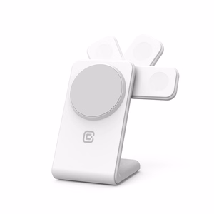 Crong MagSpot Pivot Stand kolm-ühes juhtmevaba laadija iPhone'ile, Apple Watchile ja AirPodsidele, MagSafe'iga ühilduv, valge