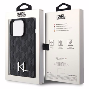 Karl Lagerfeld Leather Monogram Hot Stamp Metal Logo ümbris jaoks iPhone 15 Pro - must