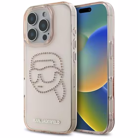 Karl Lagerfeld IML Rhinestones Karl Head Ümbris jaoks iPhone 16 Pro Max roosa