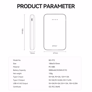 BWOO akupank P72 QC 22.5W PD 20W 5000 mAh, 2 x USB-A ja 1 x USB-C pordiga, must
