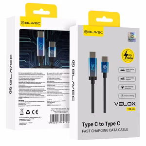 Blavec Kaabel Velox punutud - Typ C na Typ C - PD 240W 5A LED display 1,2 metra Apple CarPlay/Android Auto (CVE-CC5B12) must