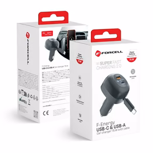 Car laadija Forcell F-Energy Alu USB C + USB A + retractable kaabel USB C PD QC4.0 SFC2.0 3A 75W must