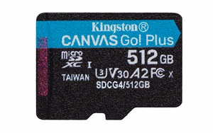 Kingston mälukaart 512GB microSDXC Canvas Go Plus Gen4 200MB/s A2 U3 V30 + adapter