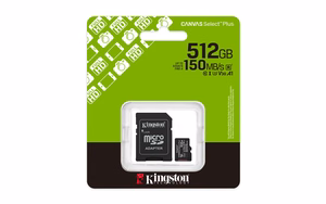 Kingston Technology 512GB microSDXC Canvas Select Plus Gen3 150MB/s A1 kaart + adapter